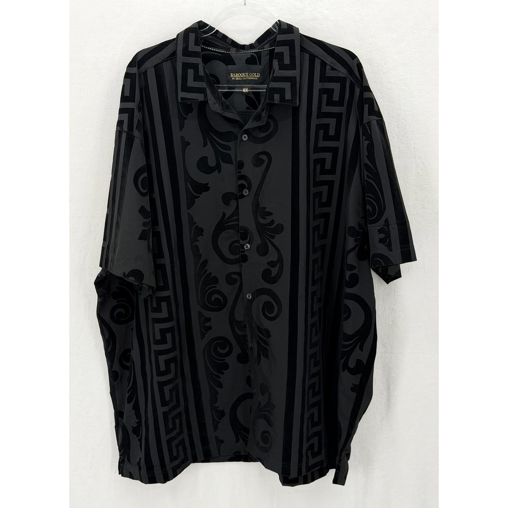 Baroque Gold Shirt Mens 4X Black Velvet Greek Scroll Key Print Button Up Stretch